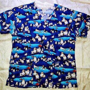 Peaches Uniform Penguin Print Scrub Top - Winter Holiday V-Neck - Size L